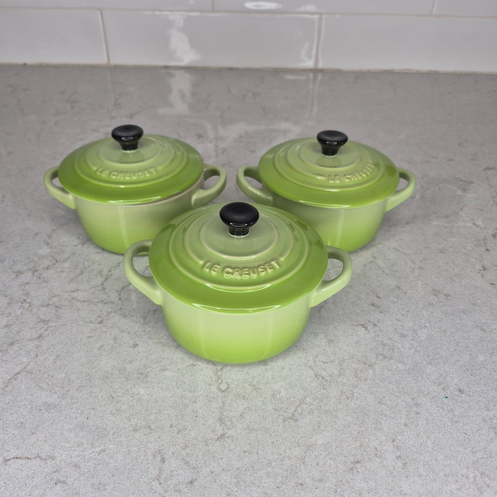 Le Creuset Mini Round Cocotte Set Of 3‎ Discontinued Kiwi Green Stoneware